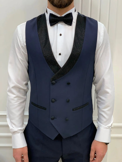 Eden Navy Blue Slim Fit Glitter Shawl Lapel Tuxedo - BRABION