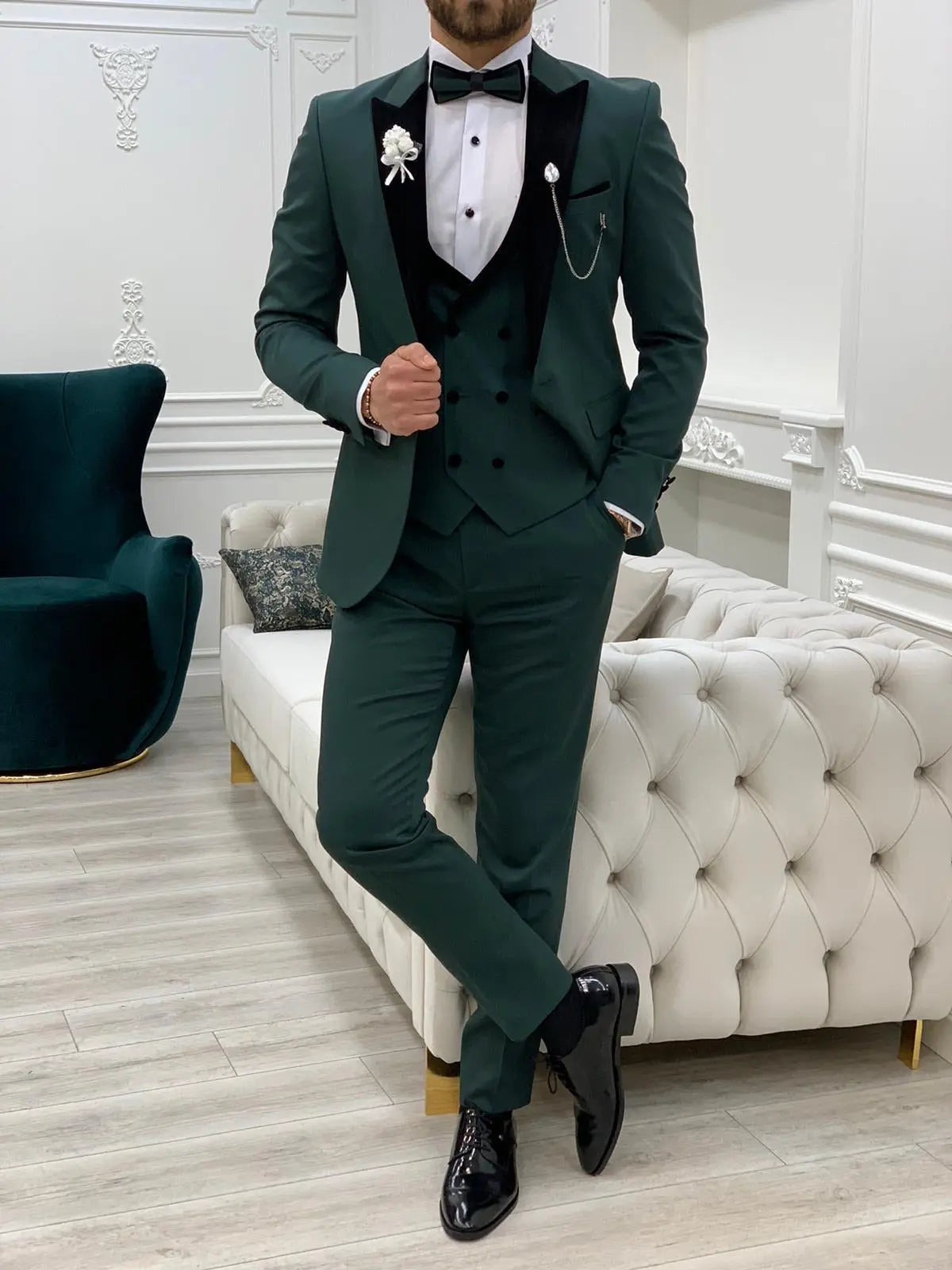 Royal Green Slim Fit Velvet Peak Lapel Tuxedo - BRABION