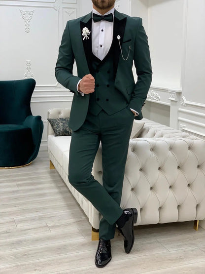 Royal Green Slim Fit Velvet Peak Lapel Tuxedo - BRABION