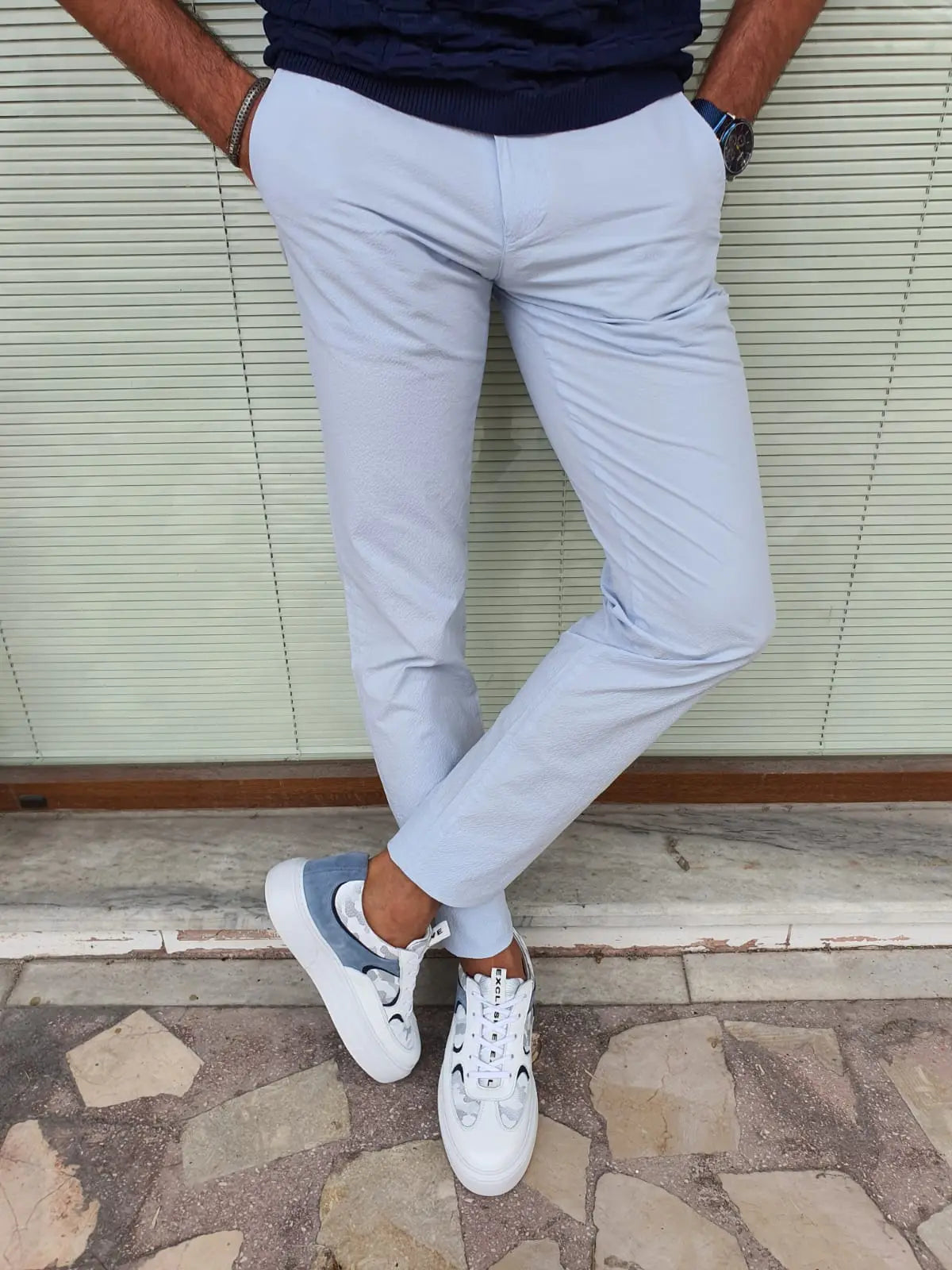 Berton Blue Slim Fit Cotton Pants - BRABION