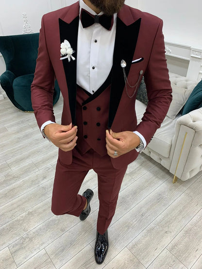 Acacia Burgundy Slim Fit Velvet Peak Lapel Tuxedo - BRABION