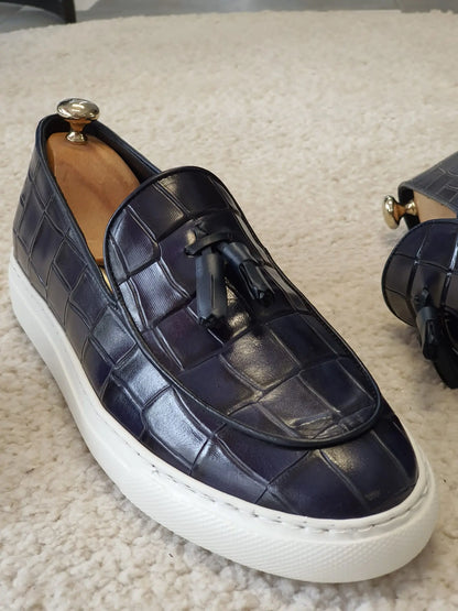 Berton Navy Blue Tassel Loafers: Sophisticated Elegance - BRABION