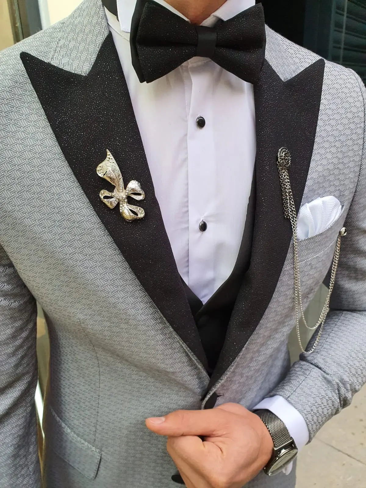 VillaNova Gray Slim Fit Patterned Tuxedo - BRABION