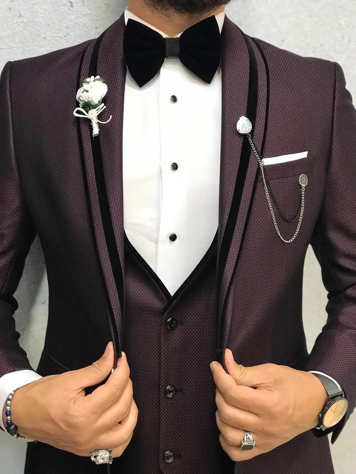 Acacia Claret Red Slim Fit Tuxedo - BRABION