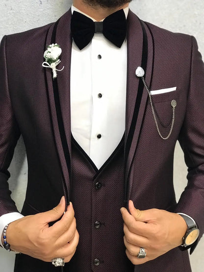 Acacia Claret Red Slim Fit Tuxedo - BRABION
