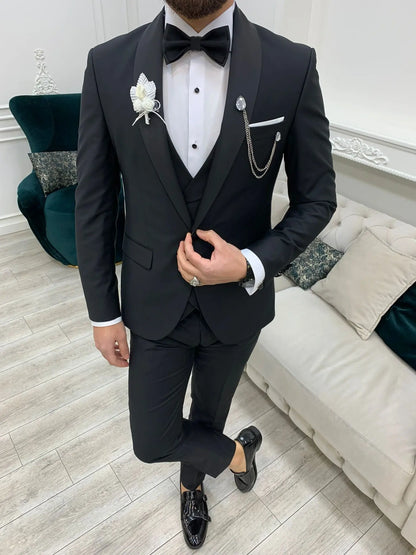 Avion Black Slim Fit Shawl Lapel Tuxedo: The Pinnacle of Formal Elegance - BRABION