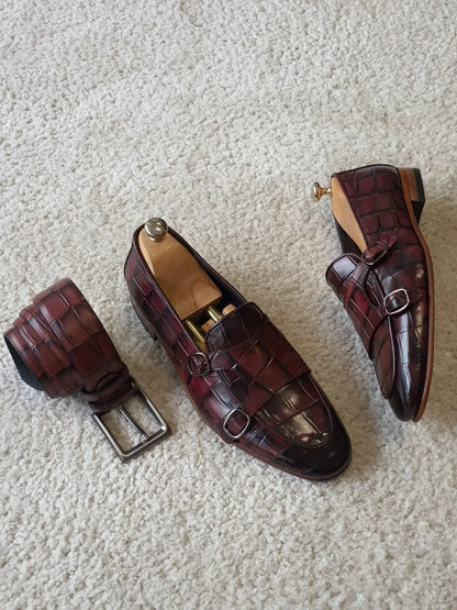 Antonio Burgundy Double Monk Strap Loafers - Redefining Elegance in Men's Footwear - BRABION