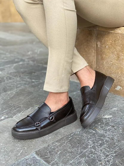 Remy Brown Double Monk Strap Loafers - Elegant Leather Footwear for Men - BRABION