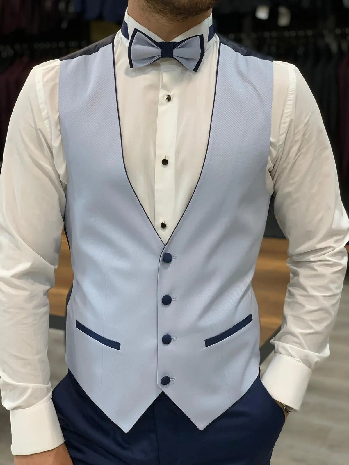 Wilson Sky Blue Slim Fit Peak Lapel Tuxedo: Perfect for Formal Occasions - BRABION