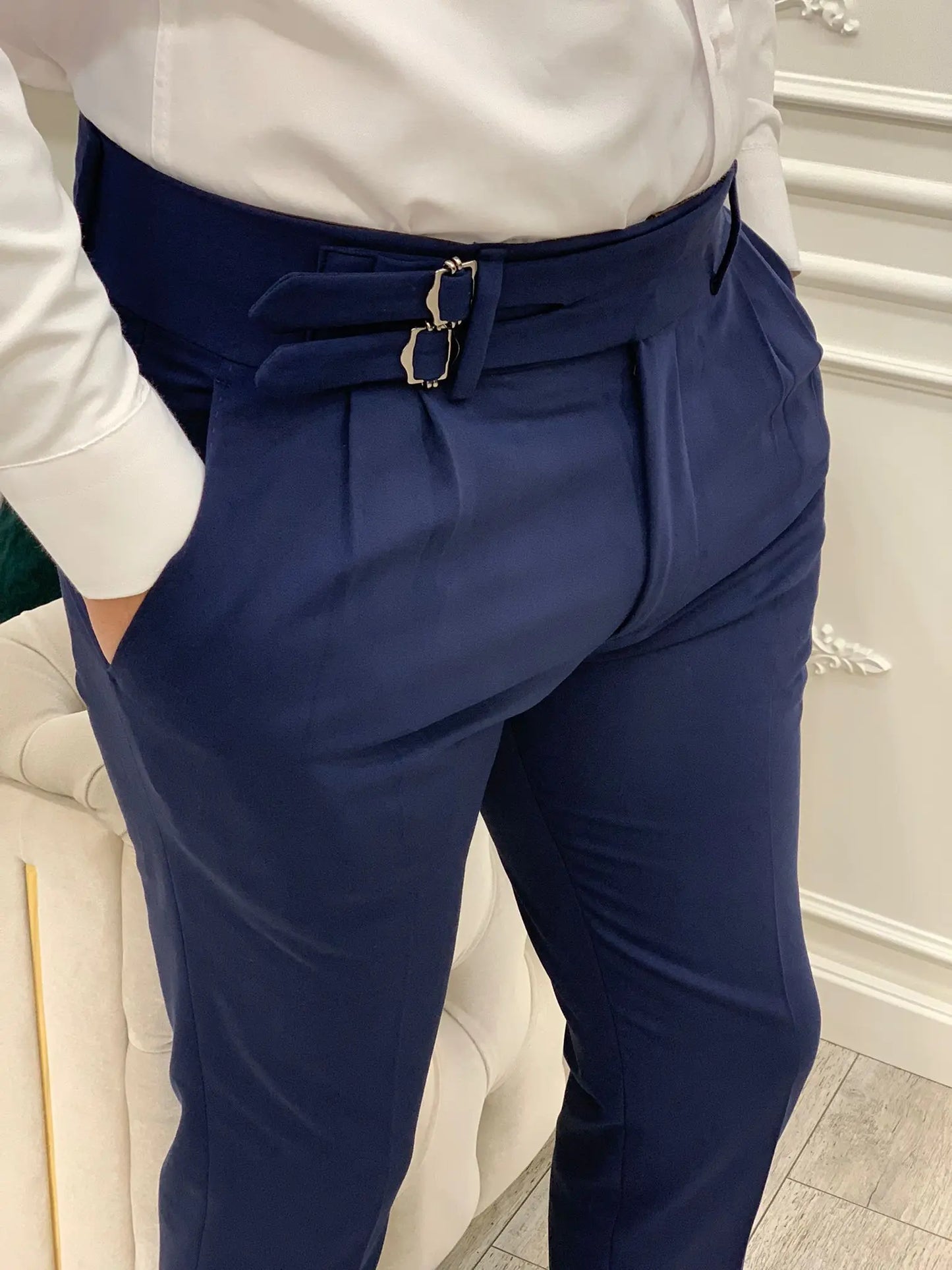 Navy Blue Buckled Canvas Trousers - BRABION