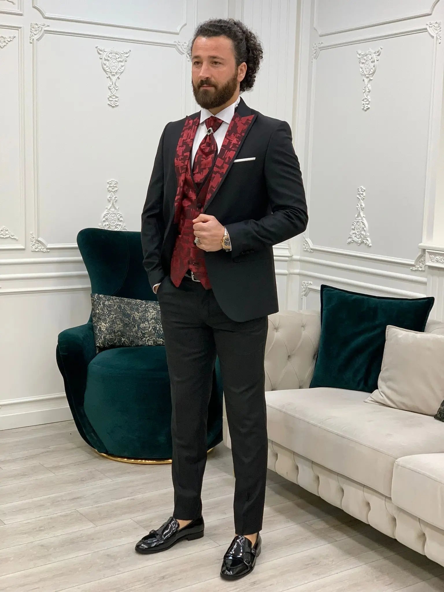 Paris Burgundy Black Slim Fit Peak Lapel Wedding Suit - BRABION