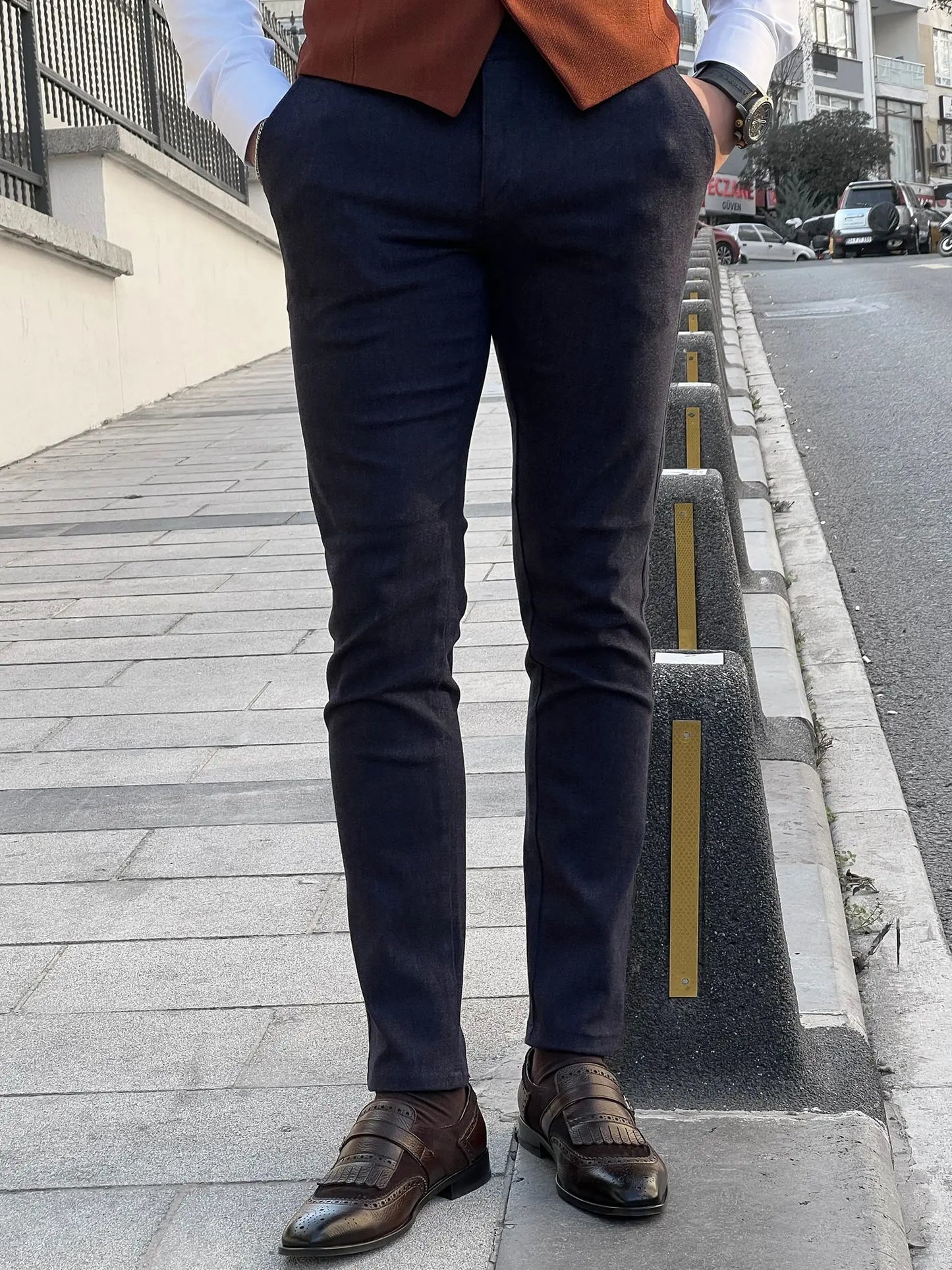 Fabio Navy Blue Slim Fit Cotton Pants - BRABION