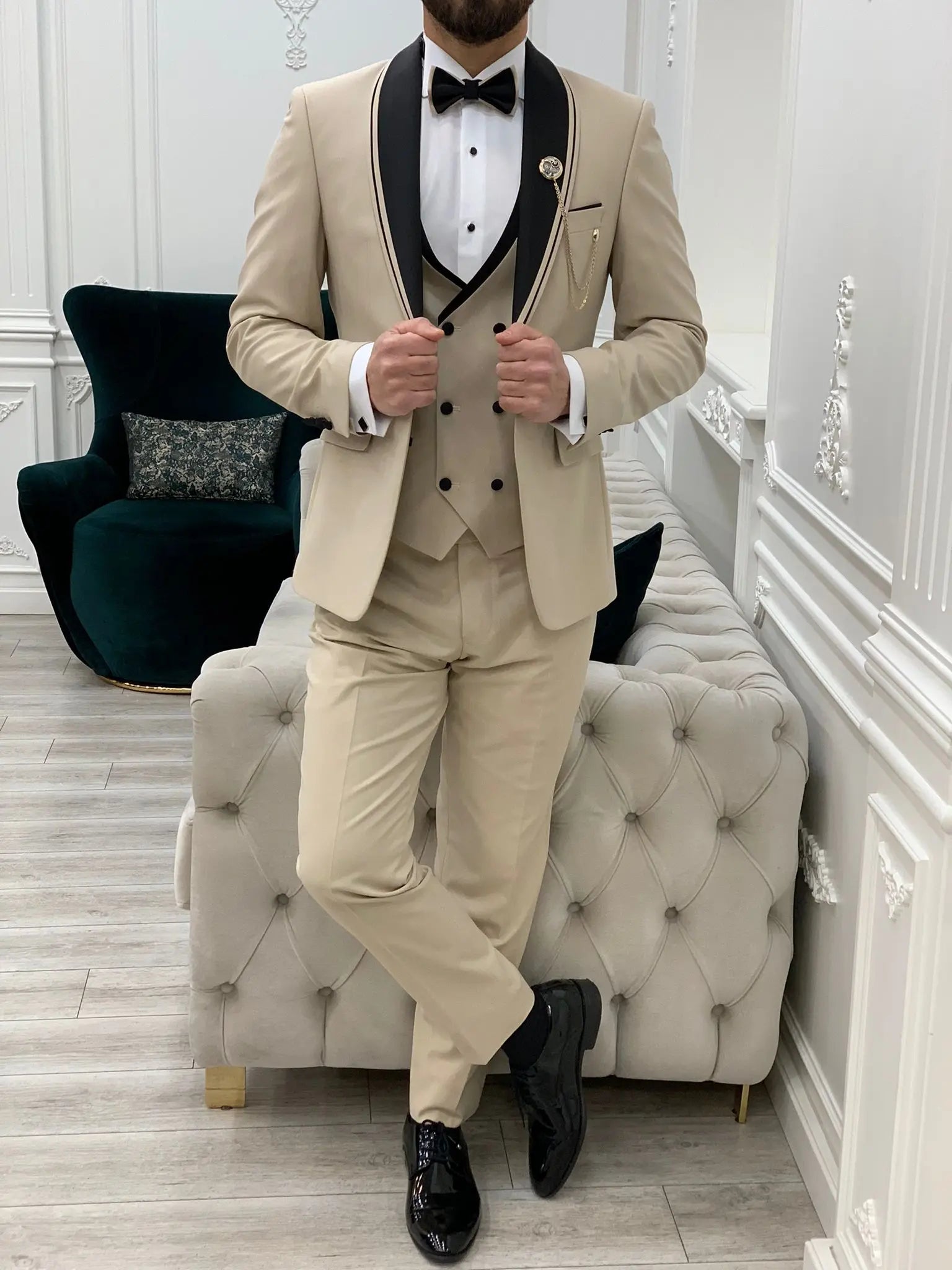 Glendale Beige Slim Fit Shawl Lapel Tuxedo – Elegant Formalwear for Men - BRABION