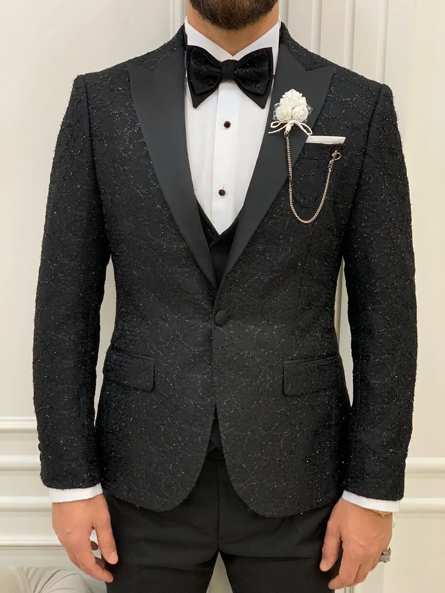 Caesar Black Slim Fit Peak Lapel Floral Patterned Tuxedo - BRABION