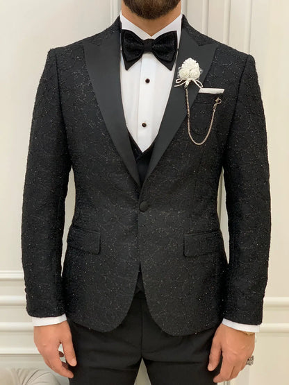 Caesar Black Slim Fit Peak Lapel Floral Patterned Tuxedo - BRABION