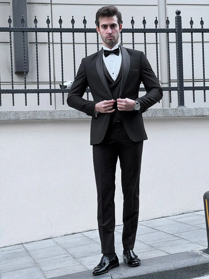 Enzo Black Shawl Lapel Slim Fit Tuxedo for Men - BRABION