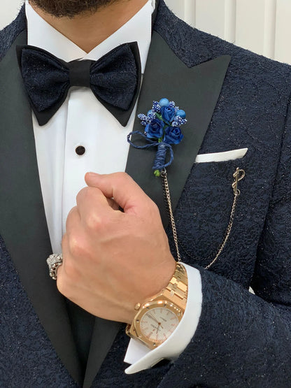 Caesar Navy Blue Slim Fit Peak Lapel Floral Patterned Tuxedo - BRABION
