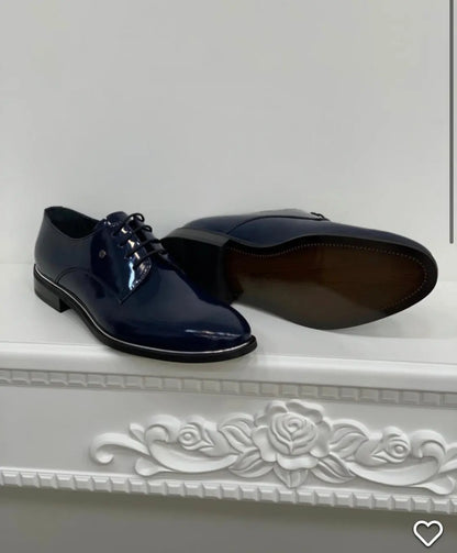 Berton Navy Blue Leather Lace-Up Classic Shoes - BRABION