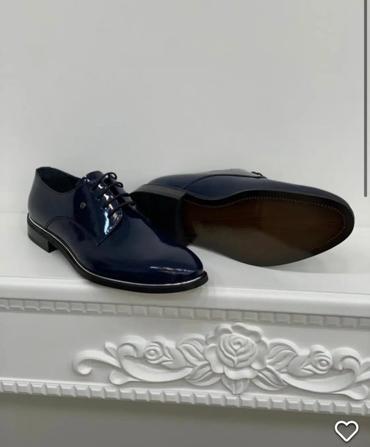 Berton Navy Blue Leather Lace-Up Classic Shoes - BRABION