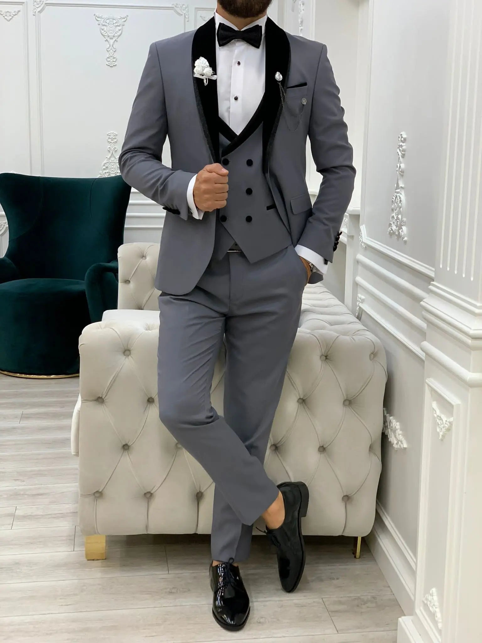 Acacia Gray Slim Fit Velvet Shawl Lapel Tuxedo - BRABION
