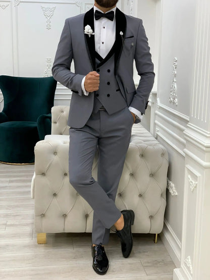 Acacia Gray Slim Fit Velvet Shawl Lapel Tuxedo - BRABION