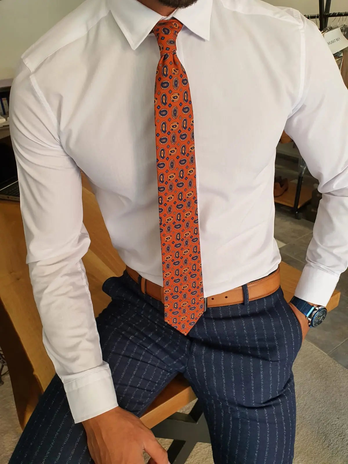 Men's Navy Blue Pinstripe Double Breasted Suit BOJONI