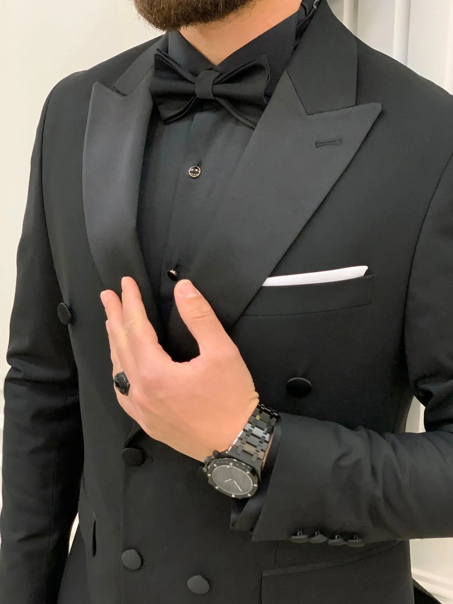 Forte Black Slim Fit Double Breasted Peak Lapel Tuxedo - BRABION