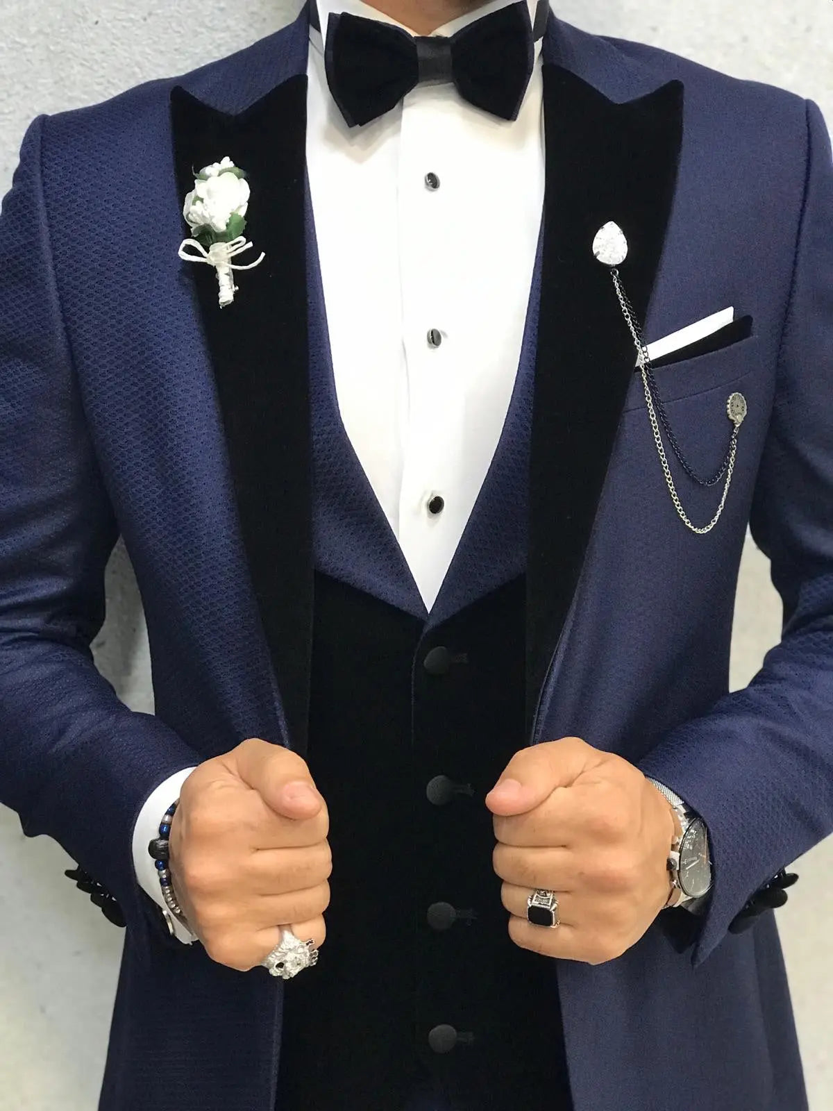 Acacia Navy Blue Patterned Tuxedo - BRABION