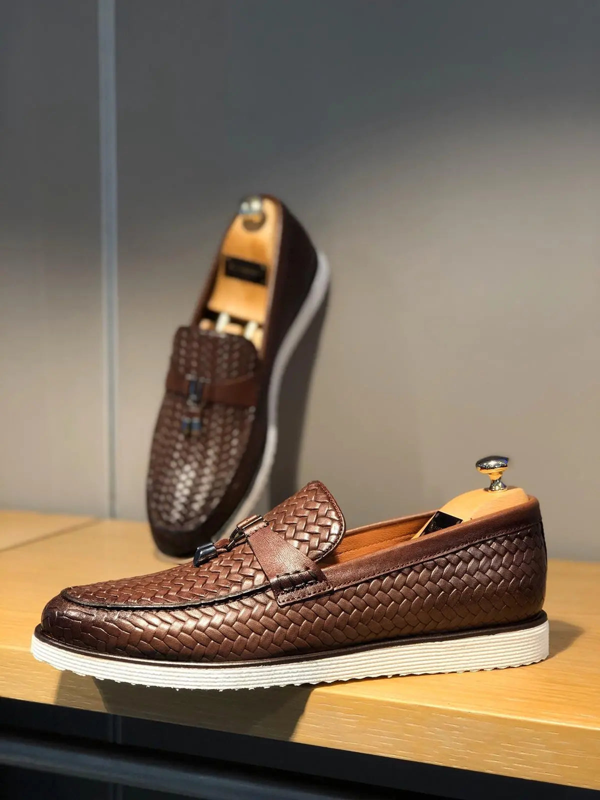 Odessa Brown Woven Leather Tassel Loafer - BRABION