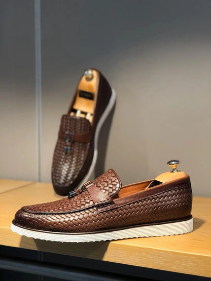 Odessa Brown Woven Leather Tassel Loafer - BRABION