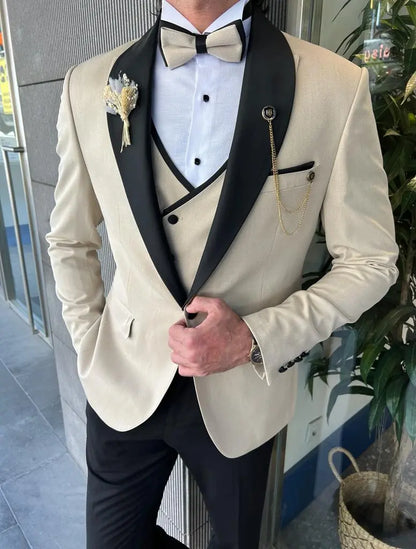 Bensen Slim Fit Mono Collared Beige Groom Suit - BRABION