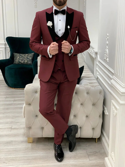 Eden Burgundy Slim Fit Velvet Peak Lapel Tuxedo - BRABION
