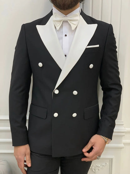 Paris White Black Slim Fit Double Breasted Tuxedo - BRABION