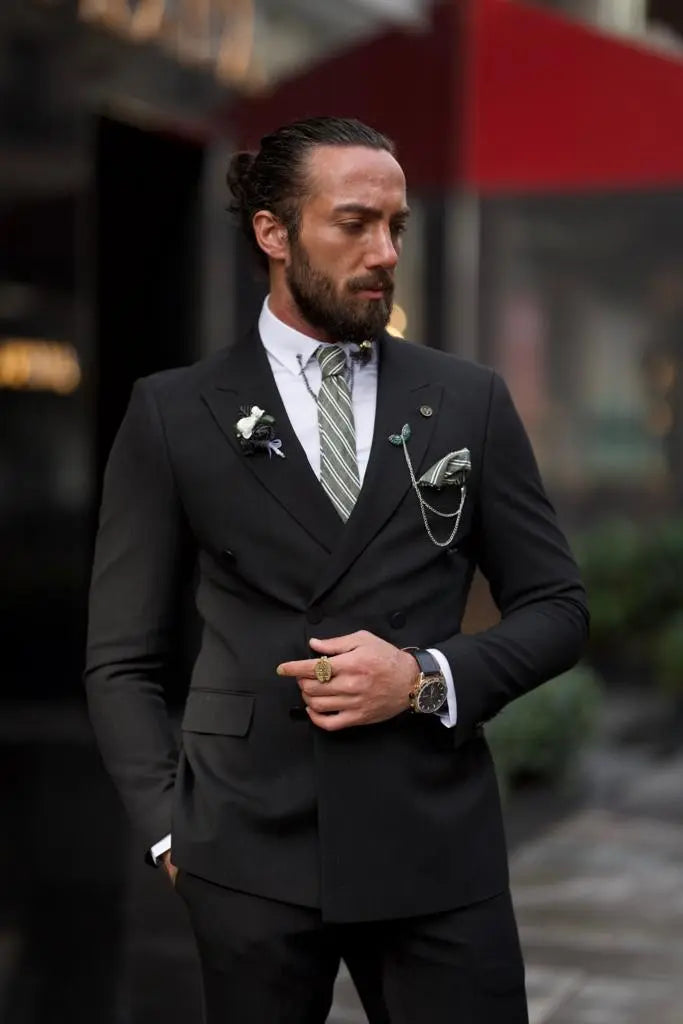Sorento Black Slim Fit Double Breasted Pinstripe Suit brabion