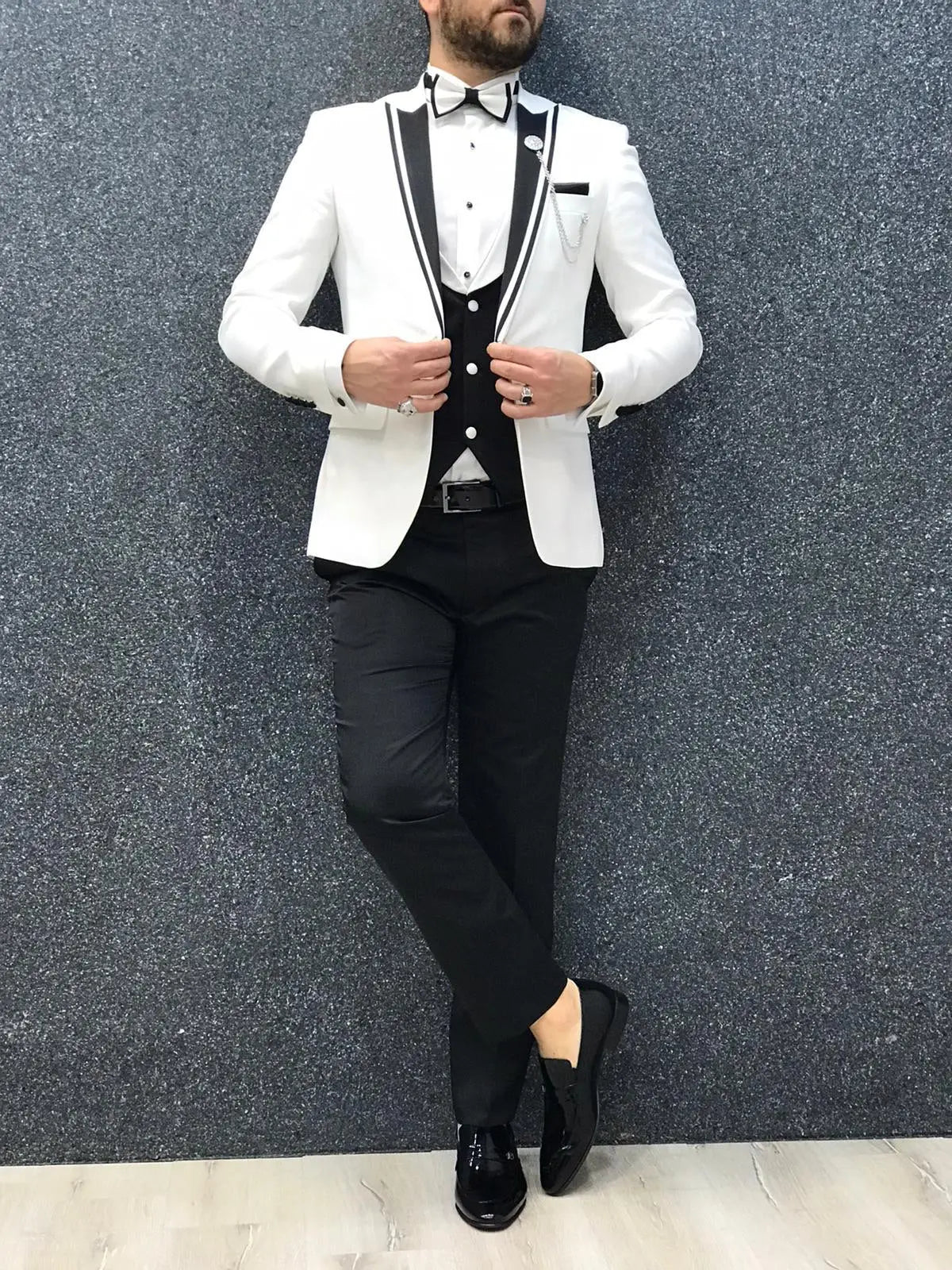 Infinite White Tuxedo with Black Vest - Timeless Elegance for Men - BRABION