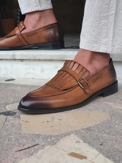 Bristol Tan Buckle Detailed Leather Loafers - BRABION