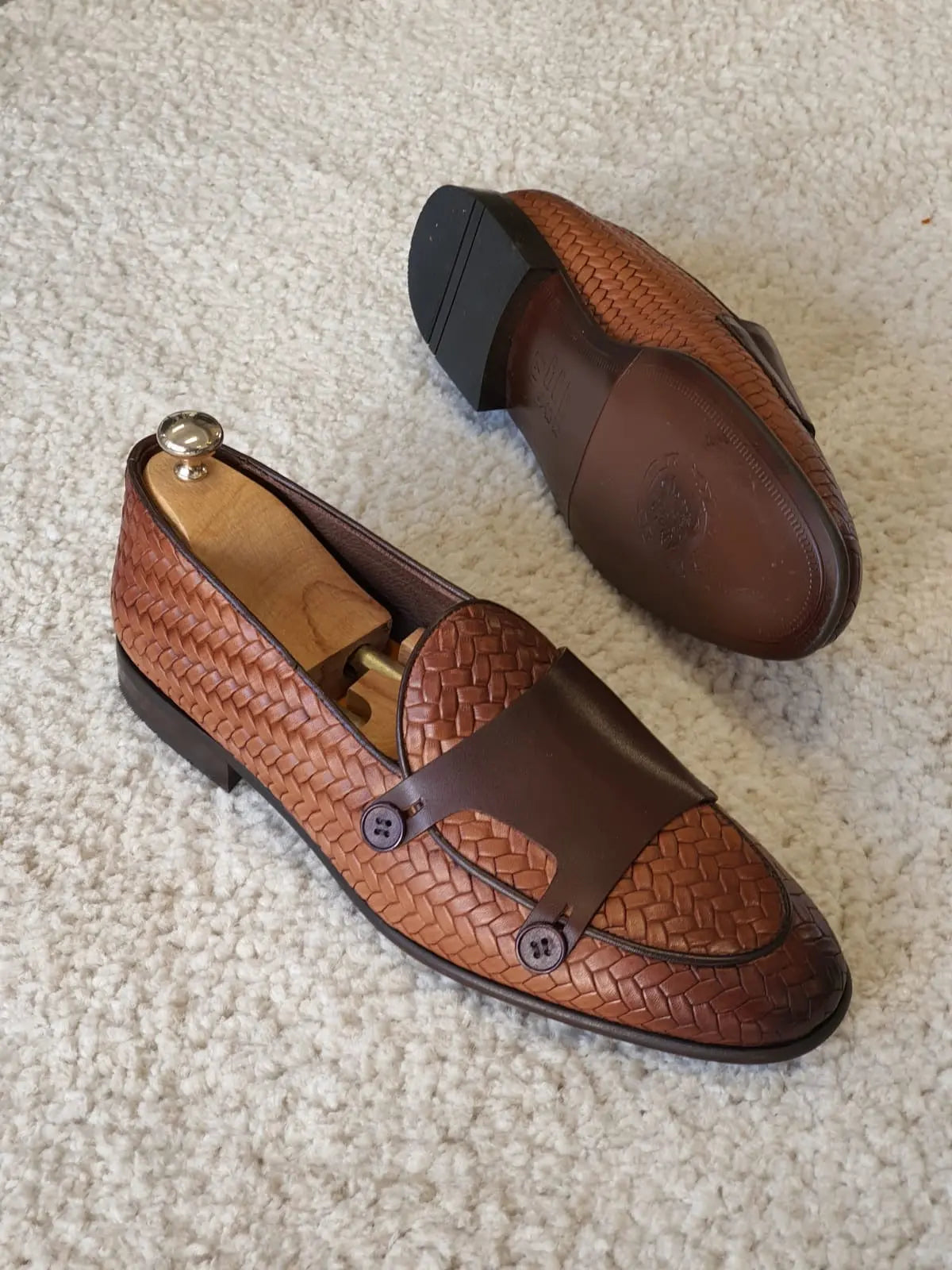 Bristol Tan Woven Leather Double Monk Strap Loafers - BRABION