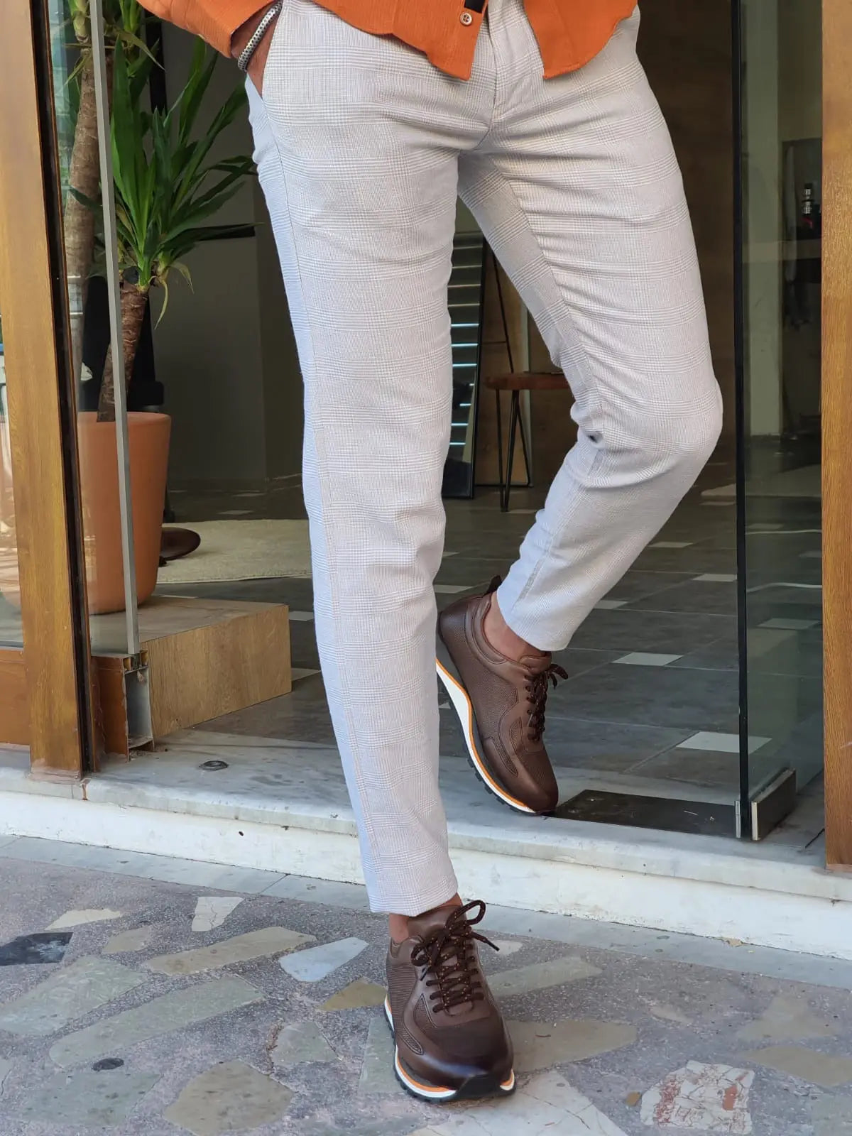 Bristol Beige Slim Fit Plaid Cotton Pants - BRABION