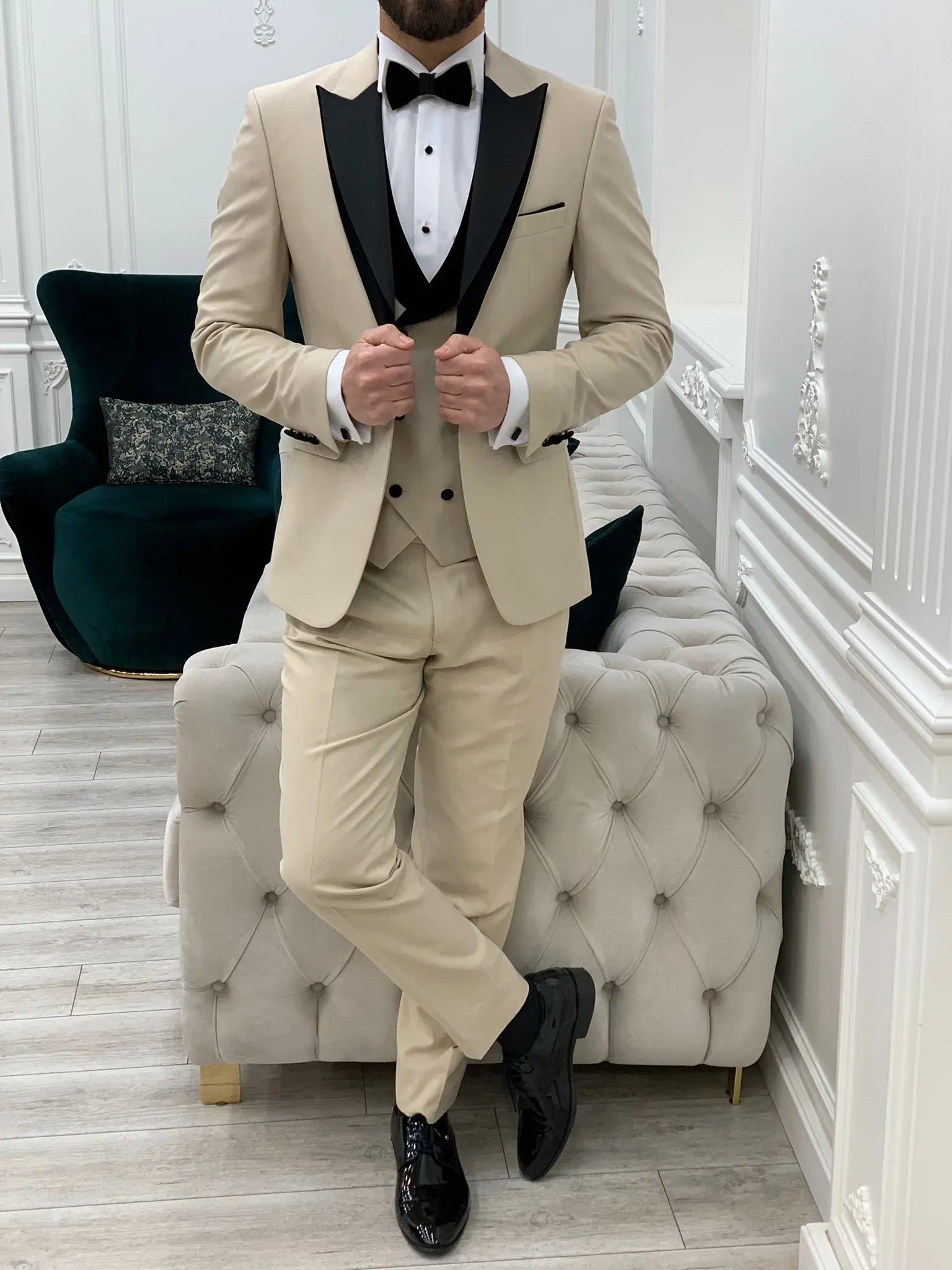 Marbel Beige Slim Fit Velvet Peak Lapel Tuxedo - BRABION