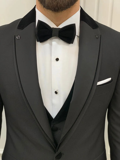 Glendale Black Slim Fit Velvet Satin Shawl Lapel Tuxedo - BRABION