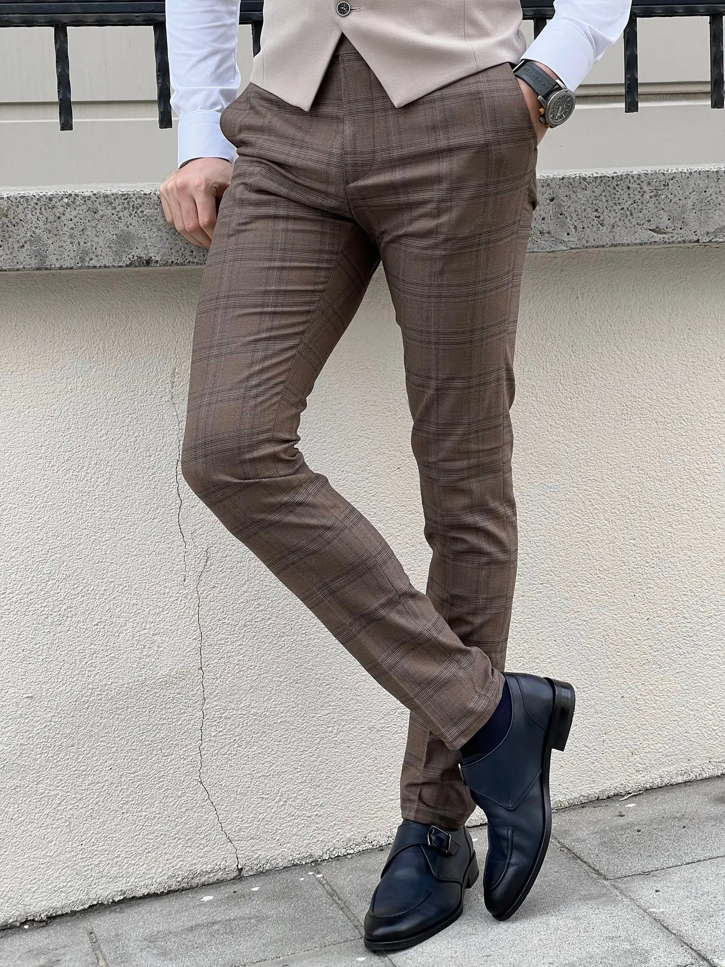Fabio Brown Plaid Slim Fit Woolen Pants - BRABION