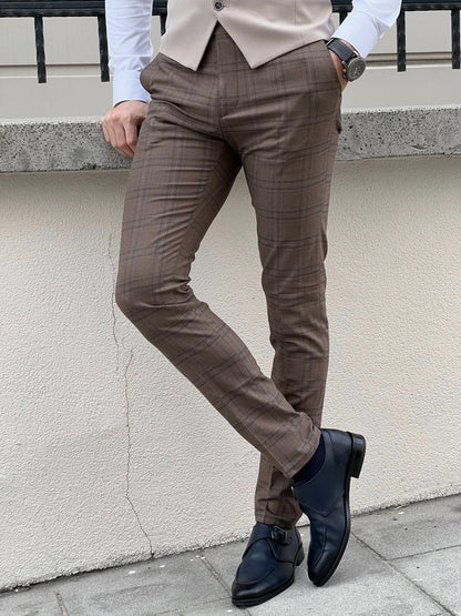 Fabio Brown Plaid Slim Fit Woolen Pants - BRABION