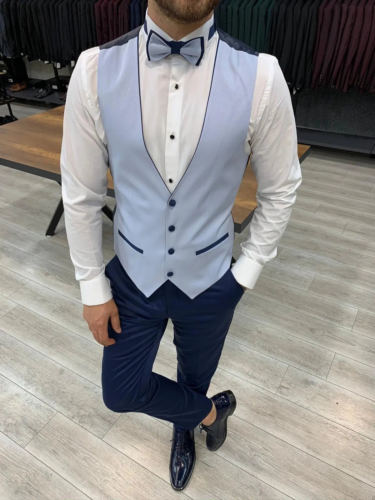 Wilson Sky Blue Slim Fit Peak Lapel Tuxedo: Perfect for Formal Occasions - BRABION