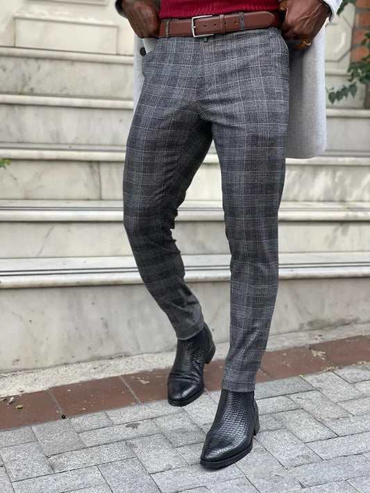 Lazio Black Slim Fit Plaid Pants - BRABION