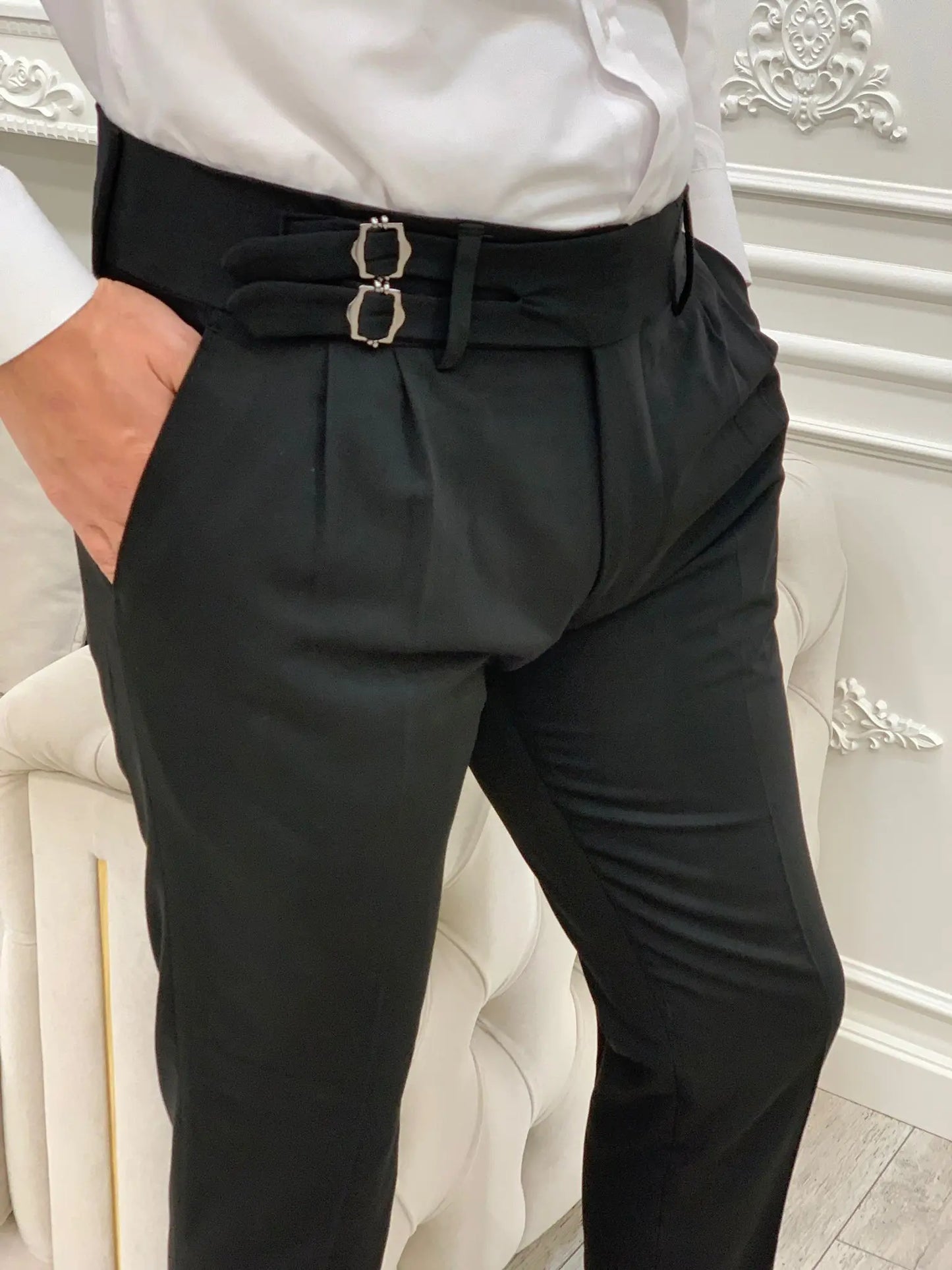 Black Buckled Canvas Trousers - BRABION