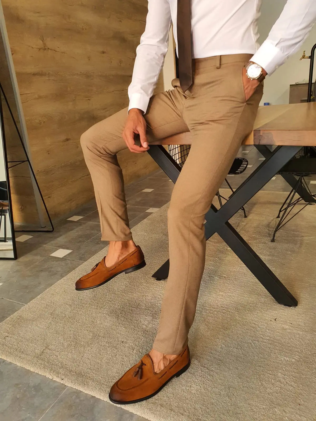 Stefano Camel Slim Fit Pants – Versatile Elegance for Every Occasion - BRABION