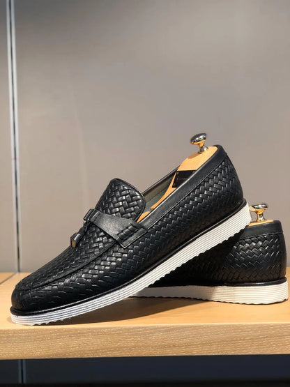 Odessa Black Woven Leather Tassel Loafer - BRABION