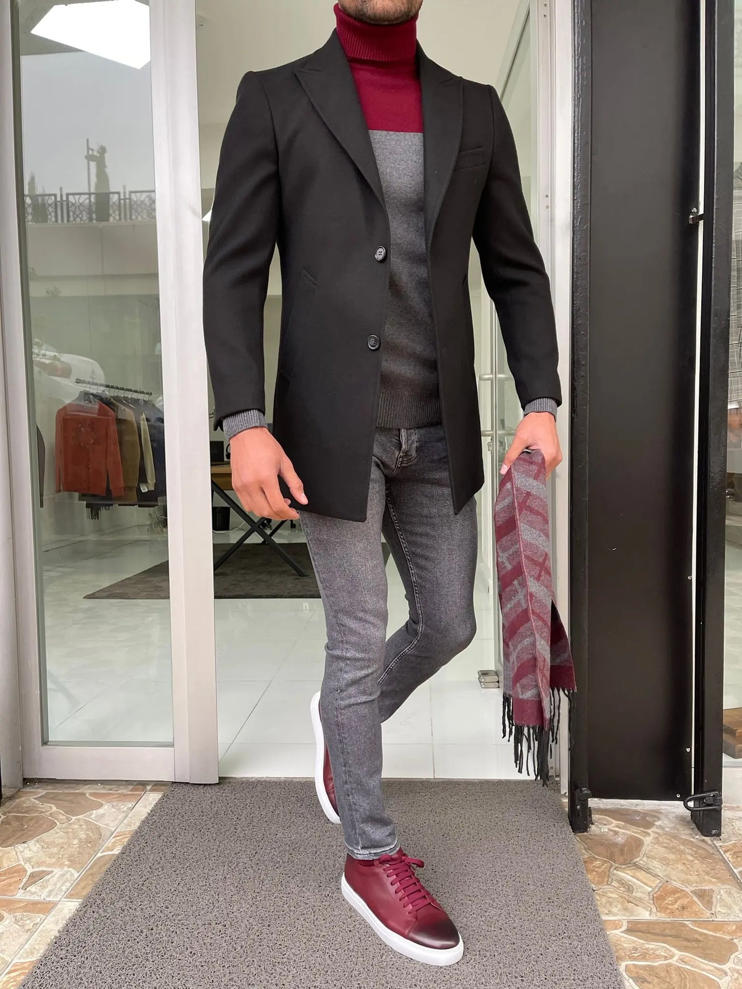Viena Black Slim Fit Wool Long Coat - BRABION