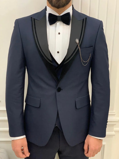 Eden Navy Blue Slim Fit Velvet Satin Peak Lapel Tuxedo - BRABION
