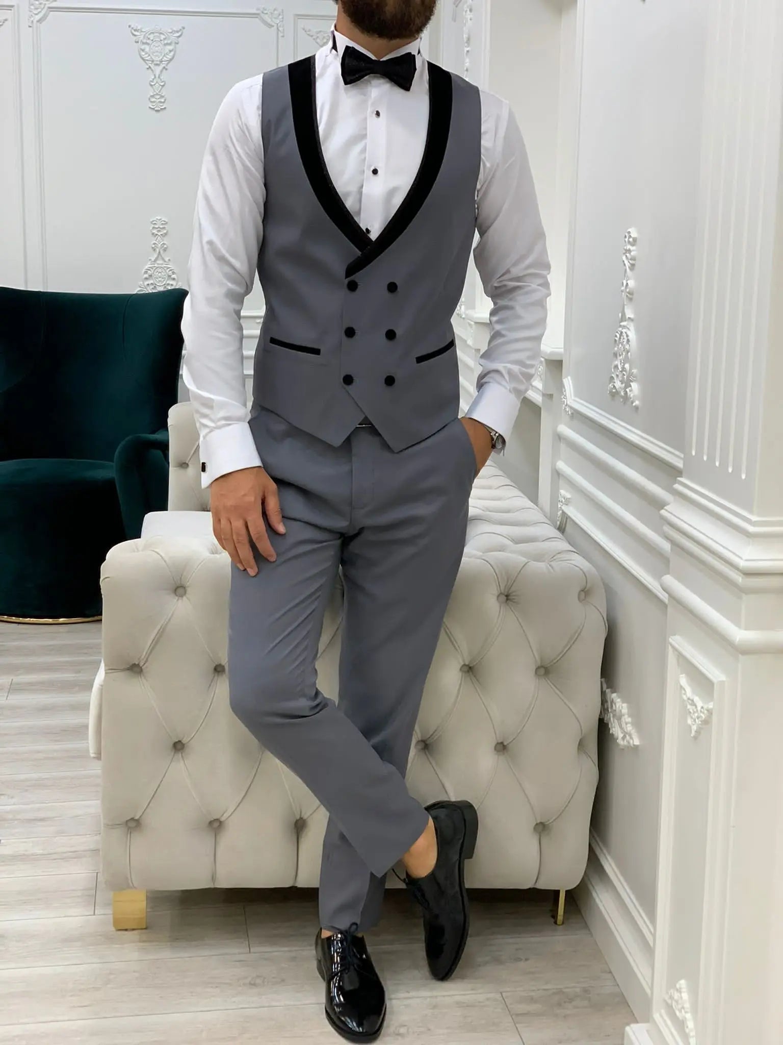 Acacia Gray Slim Fit Velvet Shawl Lapel Tuxedo - BRABION